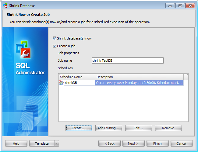 Shrink Database Wizard - Setting schedule options