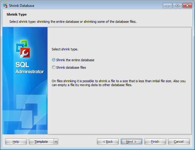 Shrink Database Wizard - Setting shrink type