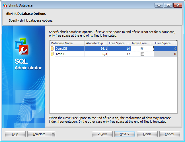 Shrink Database Wizard - Specifying shrink options for several databases