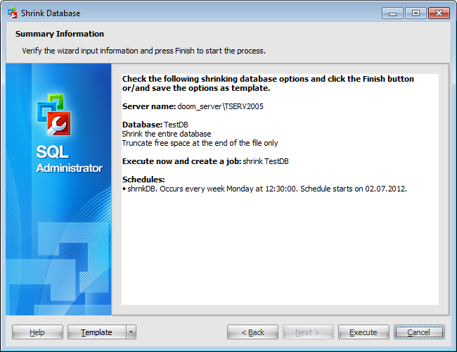 Shrink Database Wizard - Viewing summary information