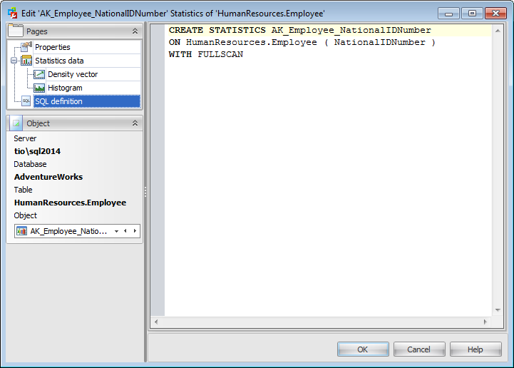 Statistics Editor - SQL Definition