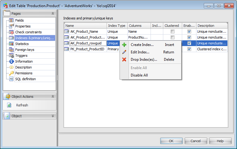 Table Editor - Indexes