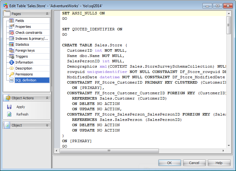 Table Editor - SQL Definition