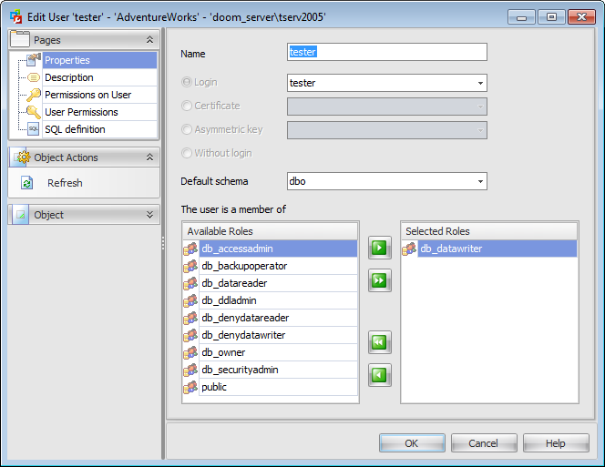 User Editor - Setting database user properties
