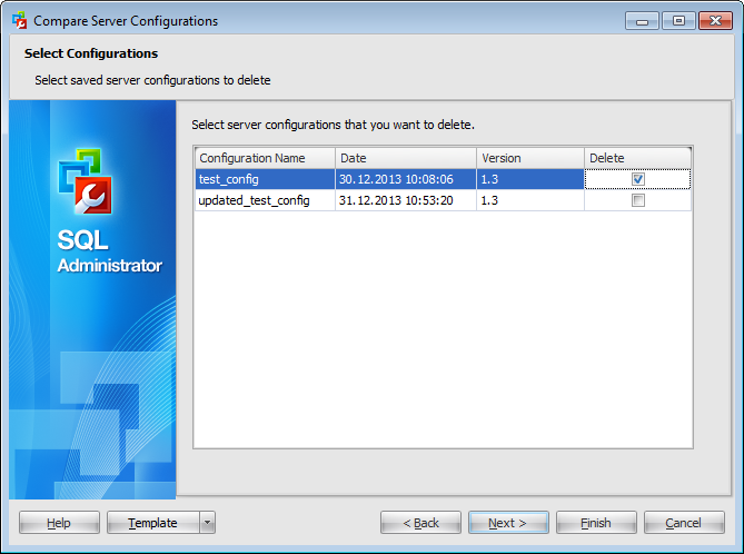 Compare server configurations - Selecting configurations to delete
