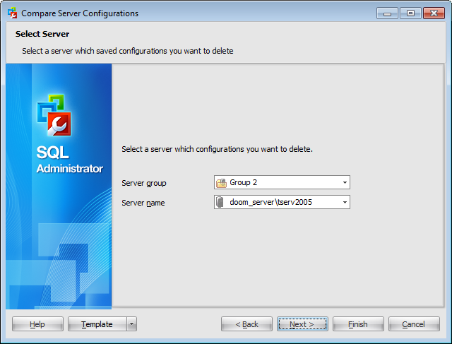 Compare server configurations - Selecting server for deleting configuration