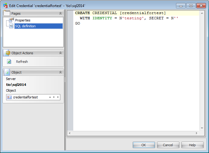 Credential Editor - Viewing SQL definition