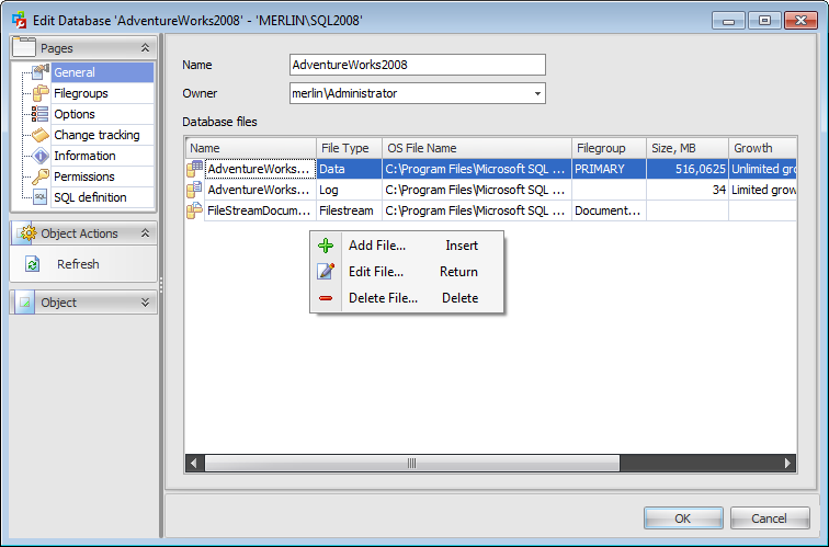 Database Editor - Setting general options