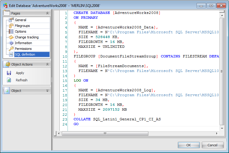 Database Editor - Viewing SQL Definition