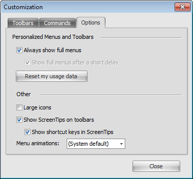 Main menu and toolbars - Customize - Options