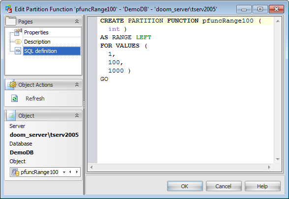 Partition Function Editor - SQL Definition