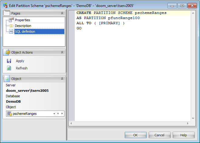 Partition Scheme Editor - SQL Definition