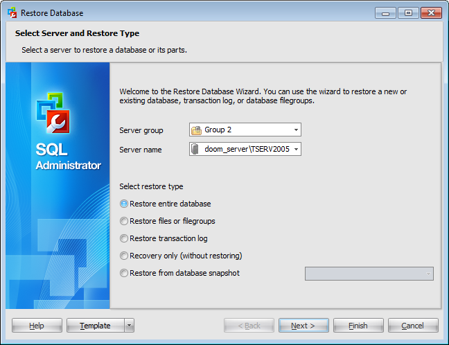 Restore Database Wizard - Selecting server and setting restore type