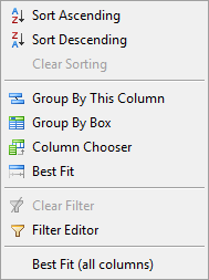 Working with grid - Column header popup menu