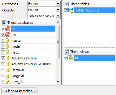 Editing Service task - Clean mismatches (tables and views)