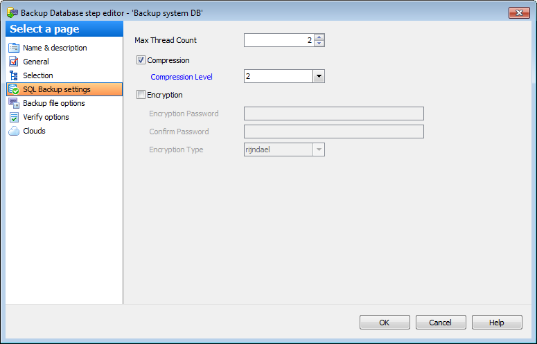 Editing Service task template - Backup Database - Angel Options