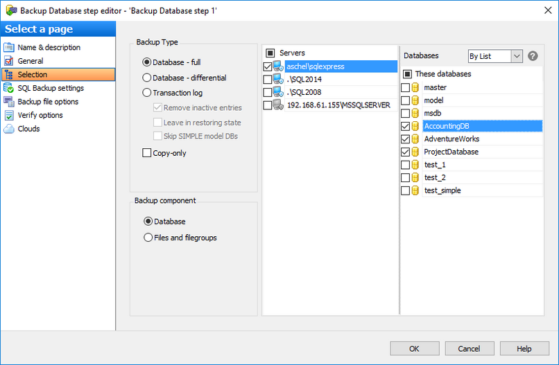 Editing Service task template - Backup Database - Databases