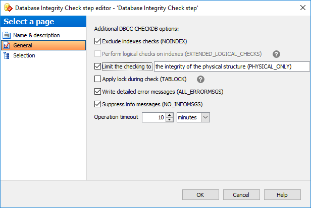 Editing Service task template - Database Integrity Check - General