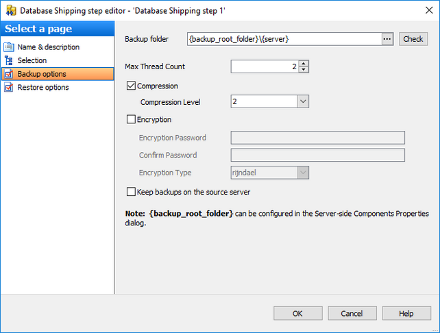Editing Service task template - Database Shipping - Backup