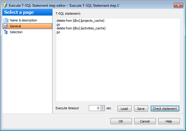 Editing Service task template - Execute T-SQL statement - General
