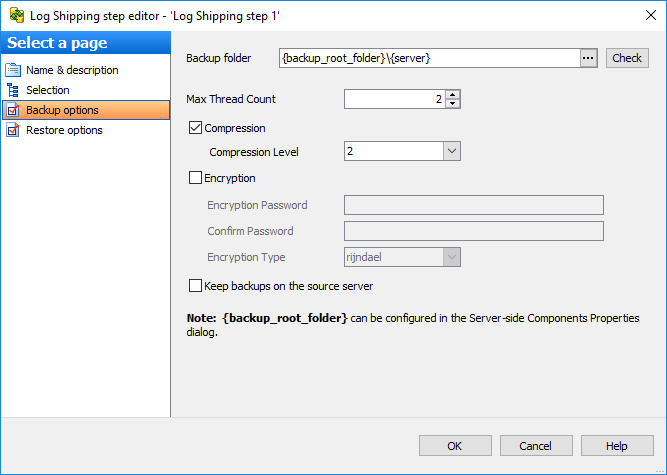 Editing Service task template-Transaction Log Shipping-Backup