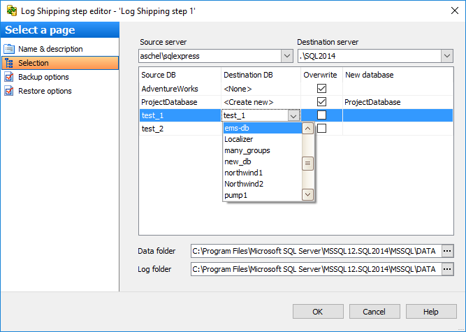 Editing Service task template-Transaction Log Shipping-Selectioon