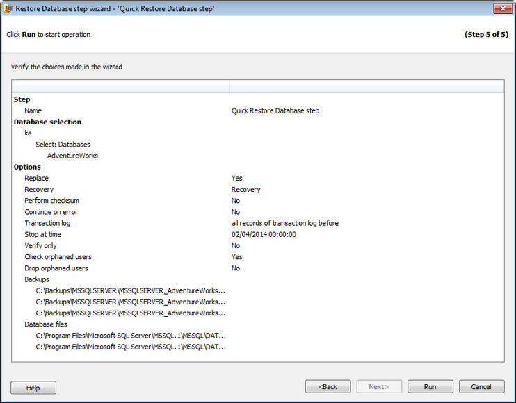 Restore Database Wizard SQL Angel restore - Performing operation