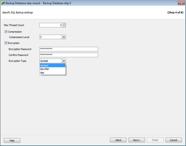 Service tasks - Backup Database - SQL Angel backup - Defining backup settings