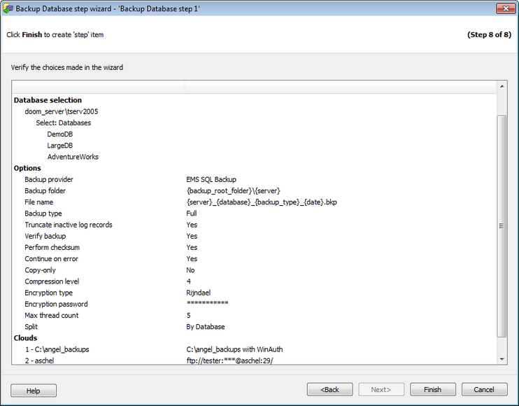 Service tasks - Backup Database - SQL Angel backup - Performing operation