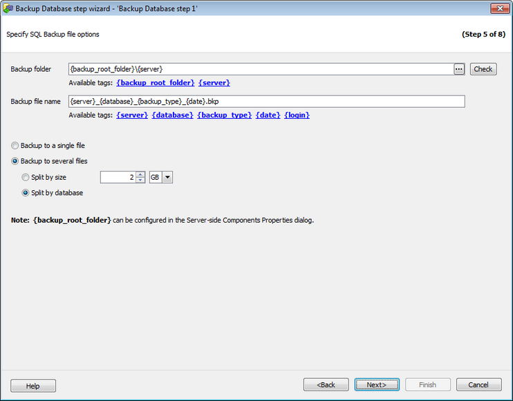 Service tasks - Backup Database - SQL Angel backup - Setting file options