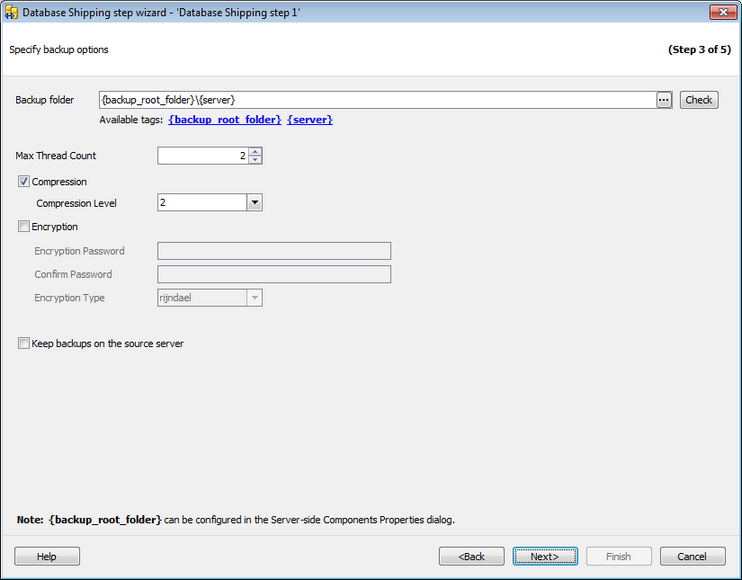 Service tasks - Database Shipping - Specifying backup options