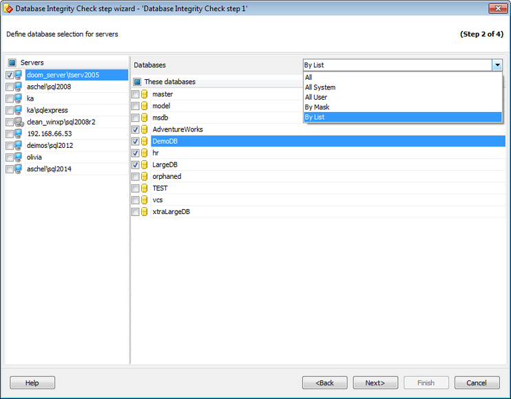 Service tasks - Datbase Integrity Check - Selecting database