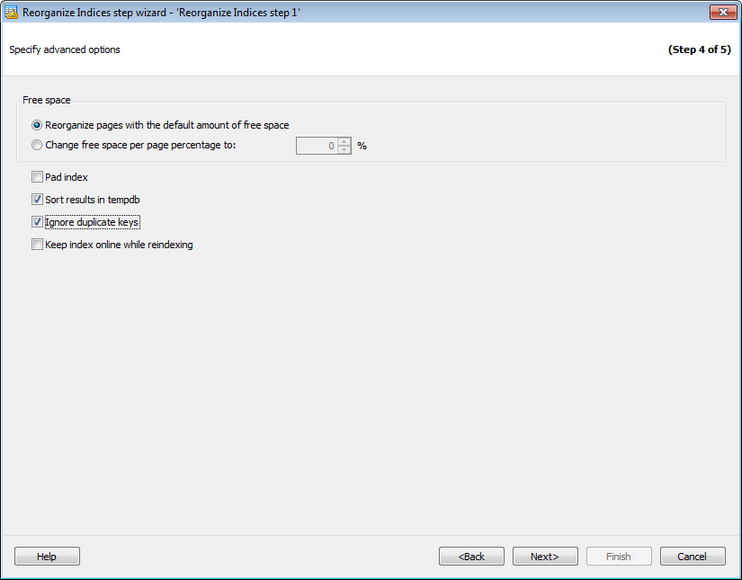 Service tasks - Reorganizing indices - Advanced options