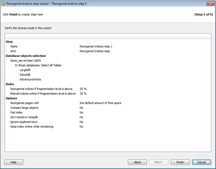 Service tasks - Reorganizing indices - Performing operation