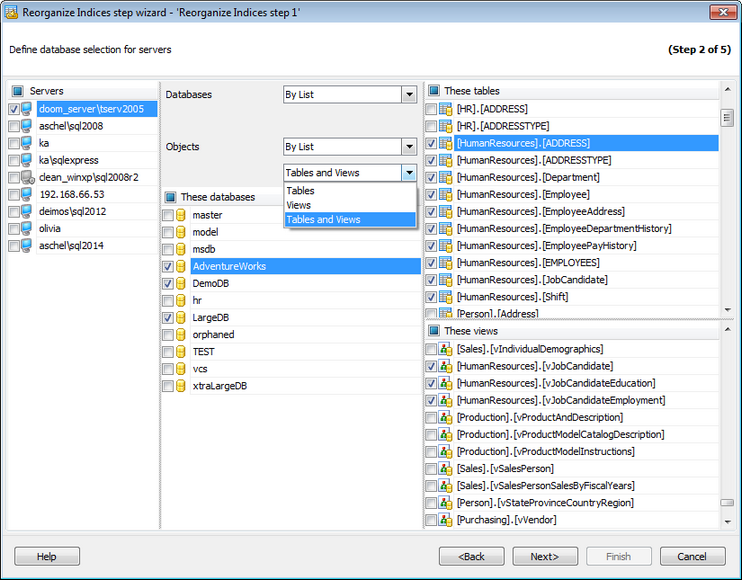 Service tasks - Reorganizing indices - Selecting database