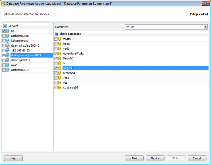 Service tasks - Server Params Logger - Selecting database