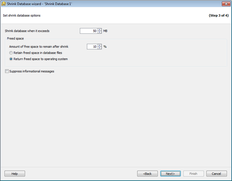 Service tasks - Shrink database - Setting options