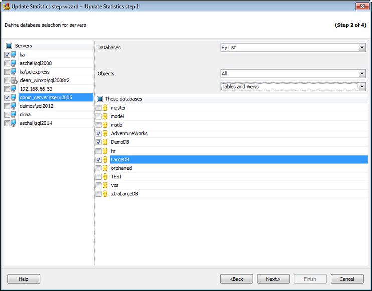 Service tasks - Update Statistics - Selecting database