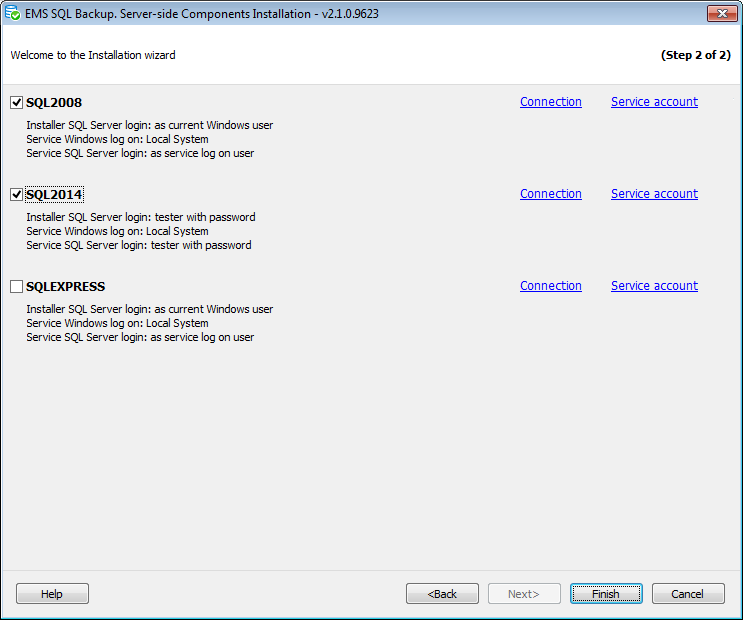 Stand-alone installer - Configuring service settings