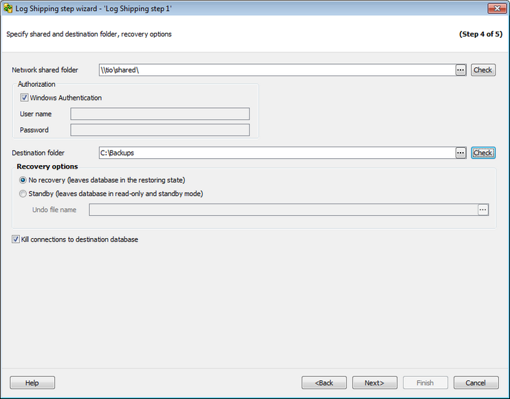 Transaction Log_Specify folders and recovery options