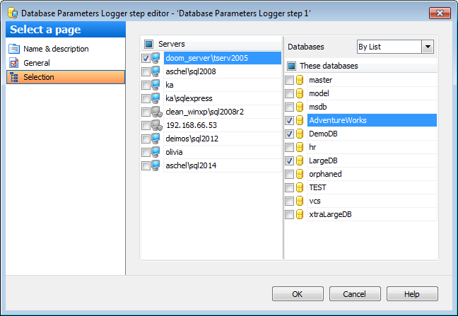 Editing Service task template - Server Params Logger - Databases