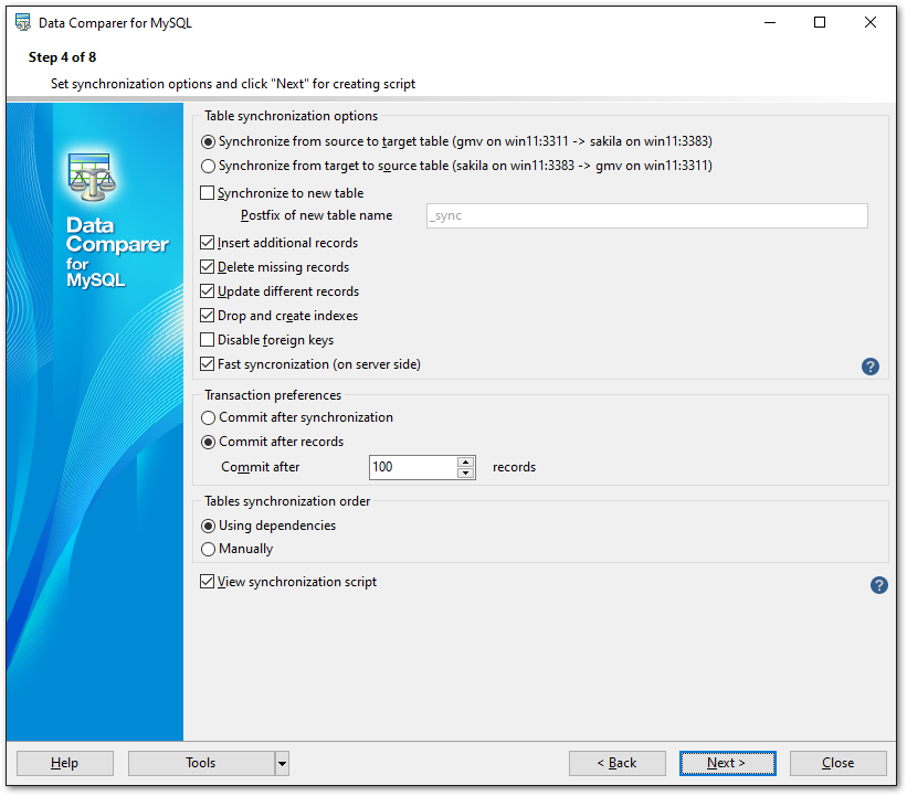 Step 4 - Specifying data synchronization options