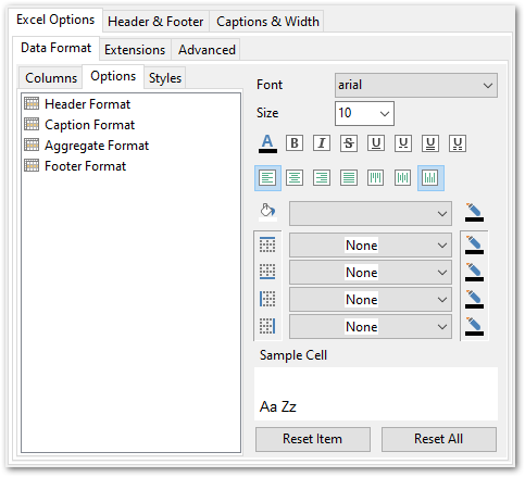 Format-specific options - MS Excel - Data format - Options