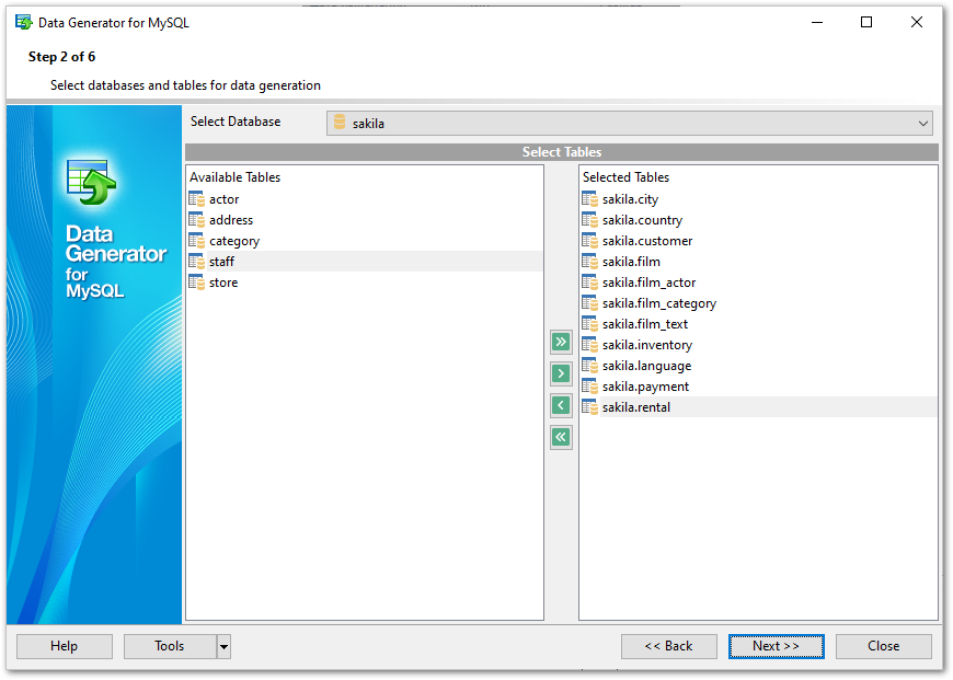 Step 2 - Selecting databases and tables