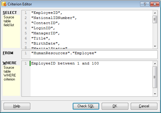 Step 7 - Selecting tables for data import - Criterion editor