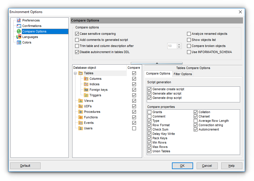 Environment Options - Compare Options