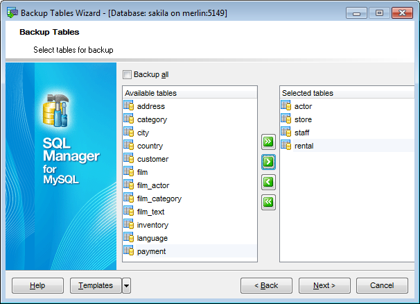 Backup Tables - Selecting tables