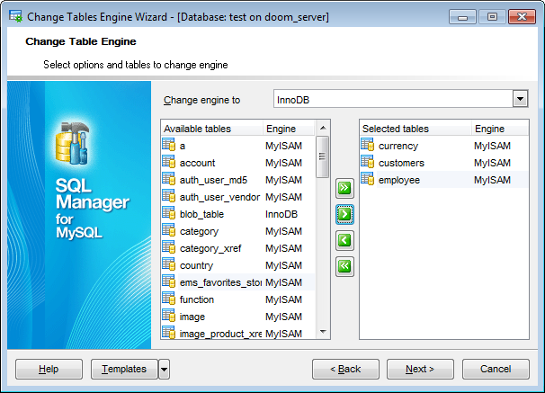 Change Tables Engine - Select options and tables