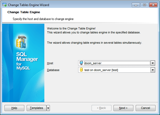 Change Tables Engine - Selecting database