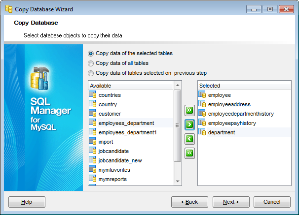 Copy Database Wizard - Selecting objects to copy their data